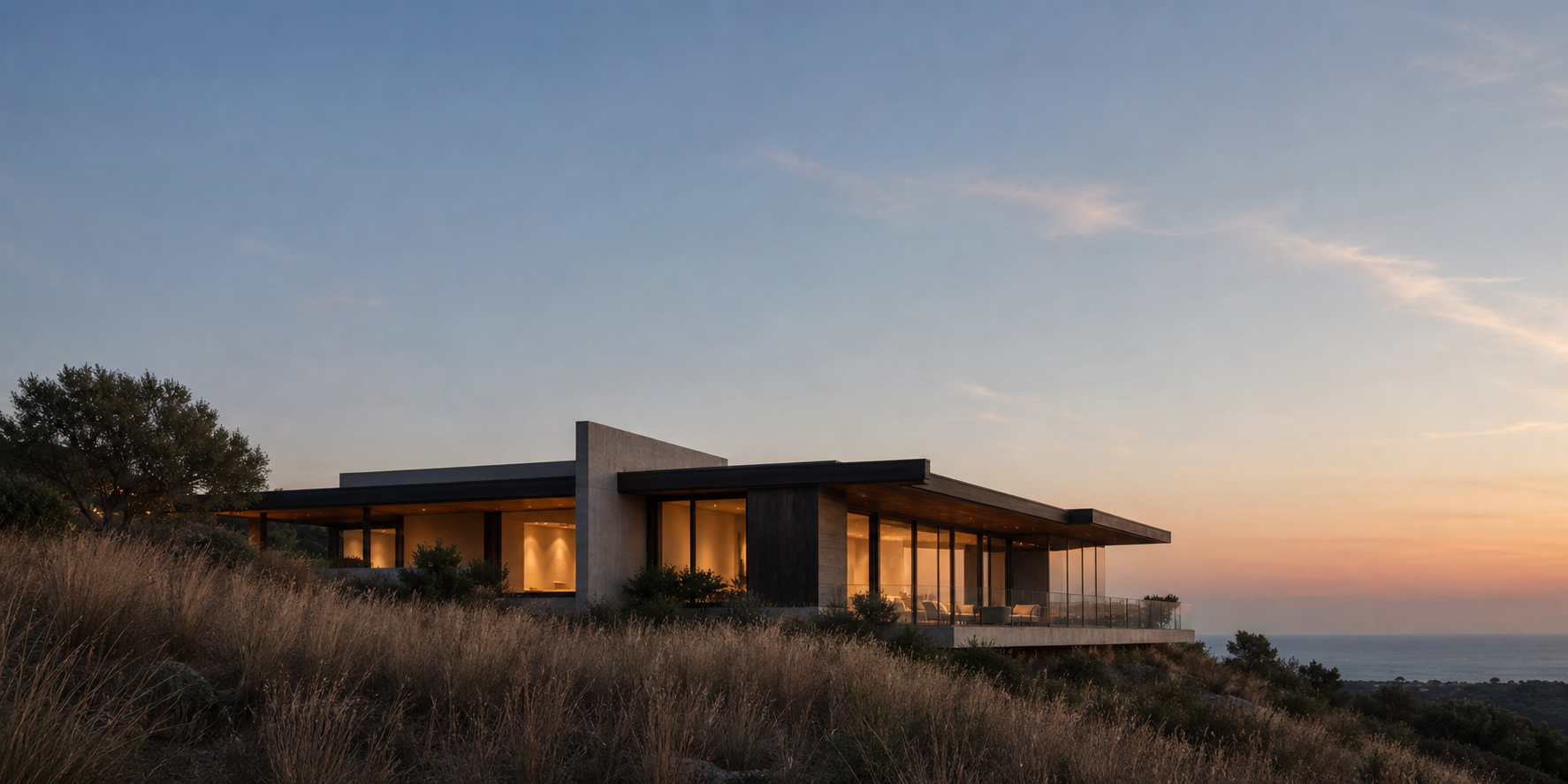 A quiet blue hour villa in a dry hillside
